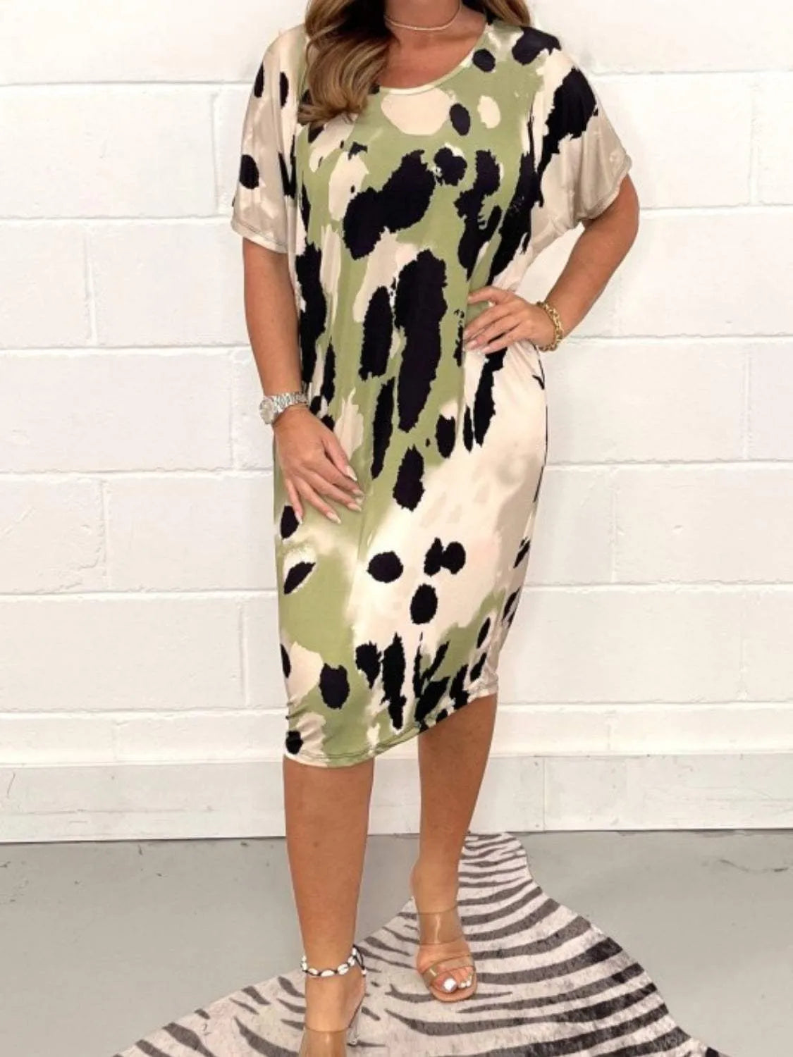 Printed Round Neck Short Sleeve Dress Mist Green Casual Dresses - Tophatter Daily Deals